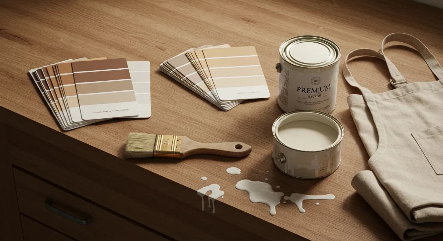 Etabli d’atelier avec pinceau, nuancier et pot de peinture creme, lumiere d’apres-midi.