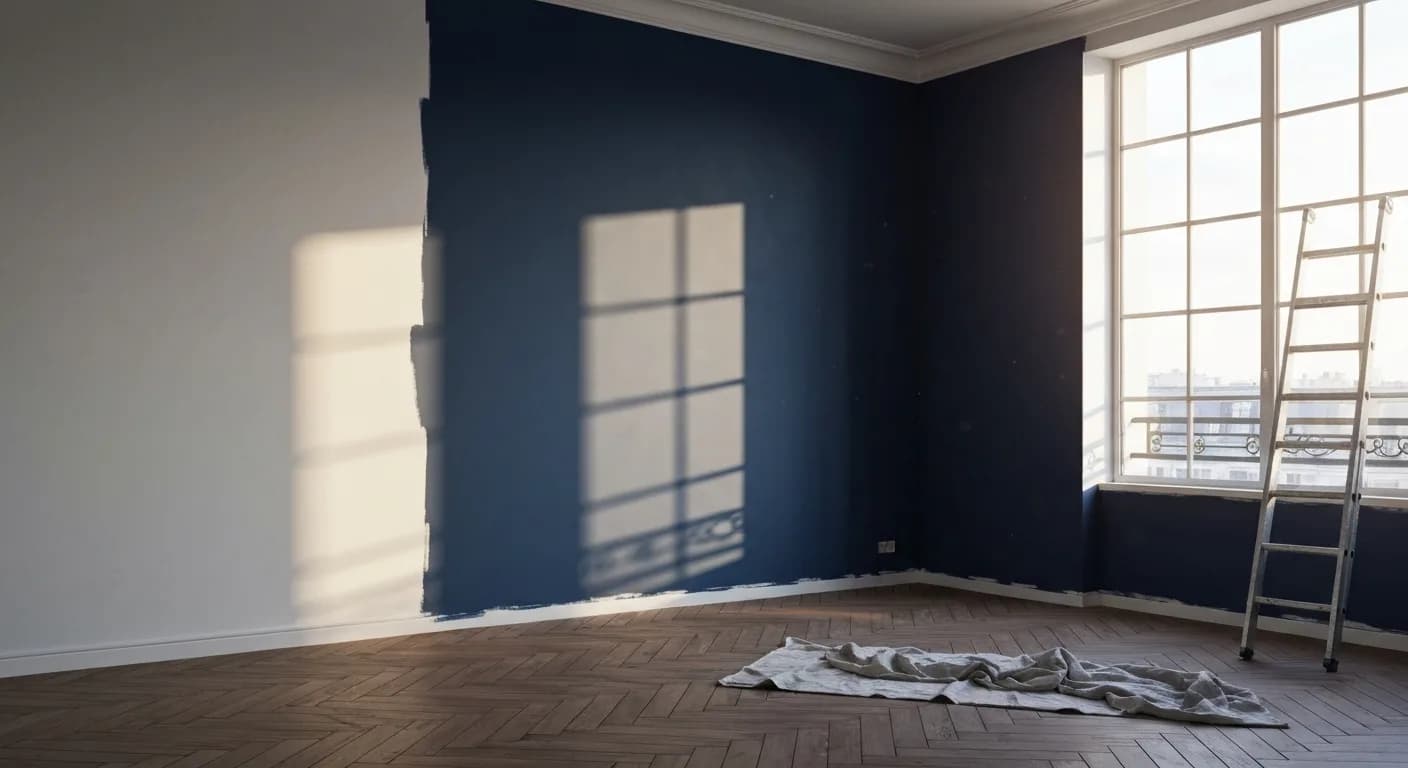Piece parisienne en cours de renovation, mur du fond en bleu profond, lumiere d’or de fin d’apres-midi par une fenetre industrielle.