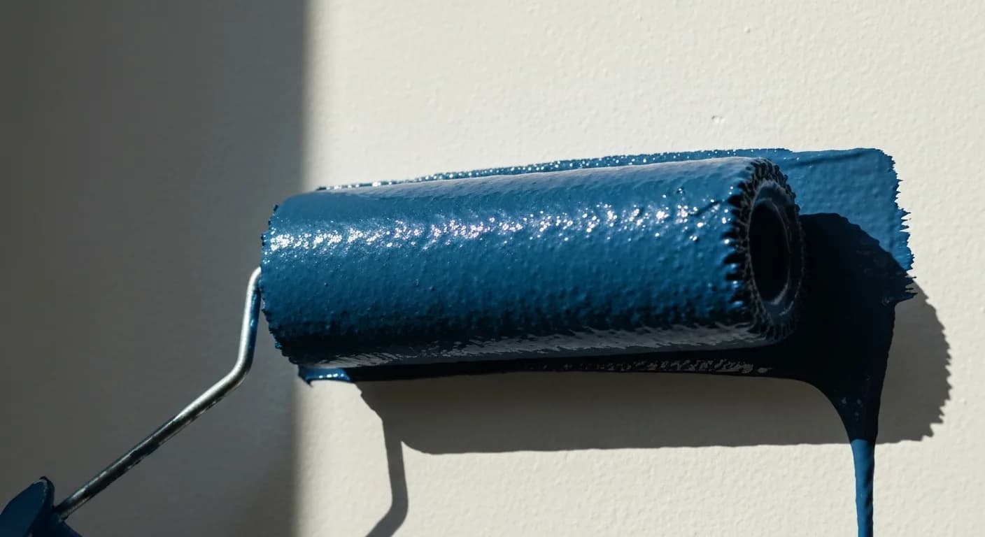 Rouleau de peinture appliquant une teinte bleu d’encre matte sur un mur clair, lumiere rasante.