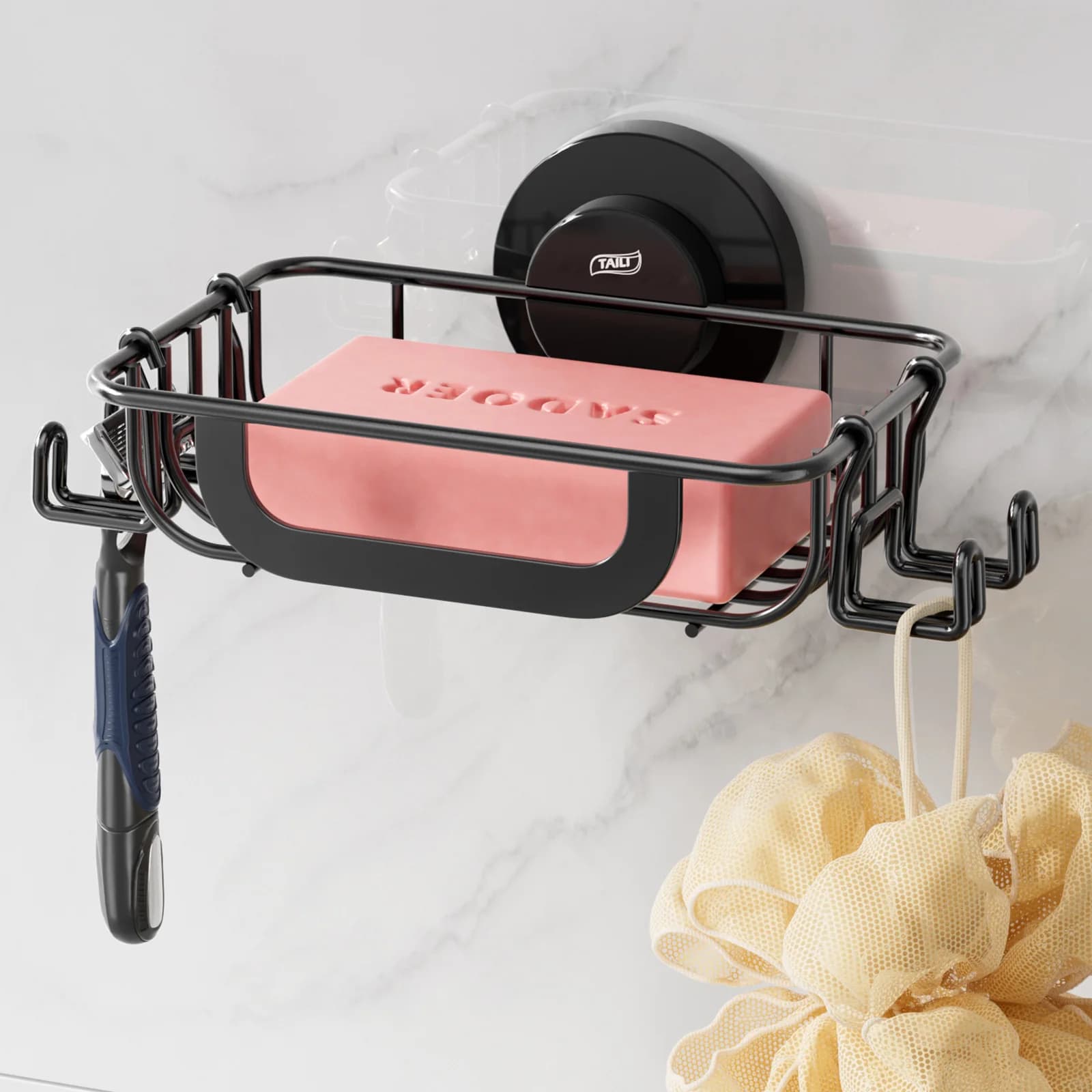 TAILI Porte Savon à Ventouse avec Crochets, Support de Savon pour Mur de Douche, Porte éponge pour S