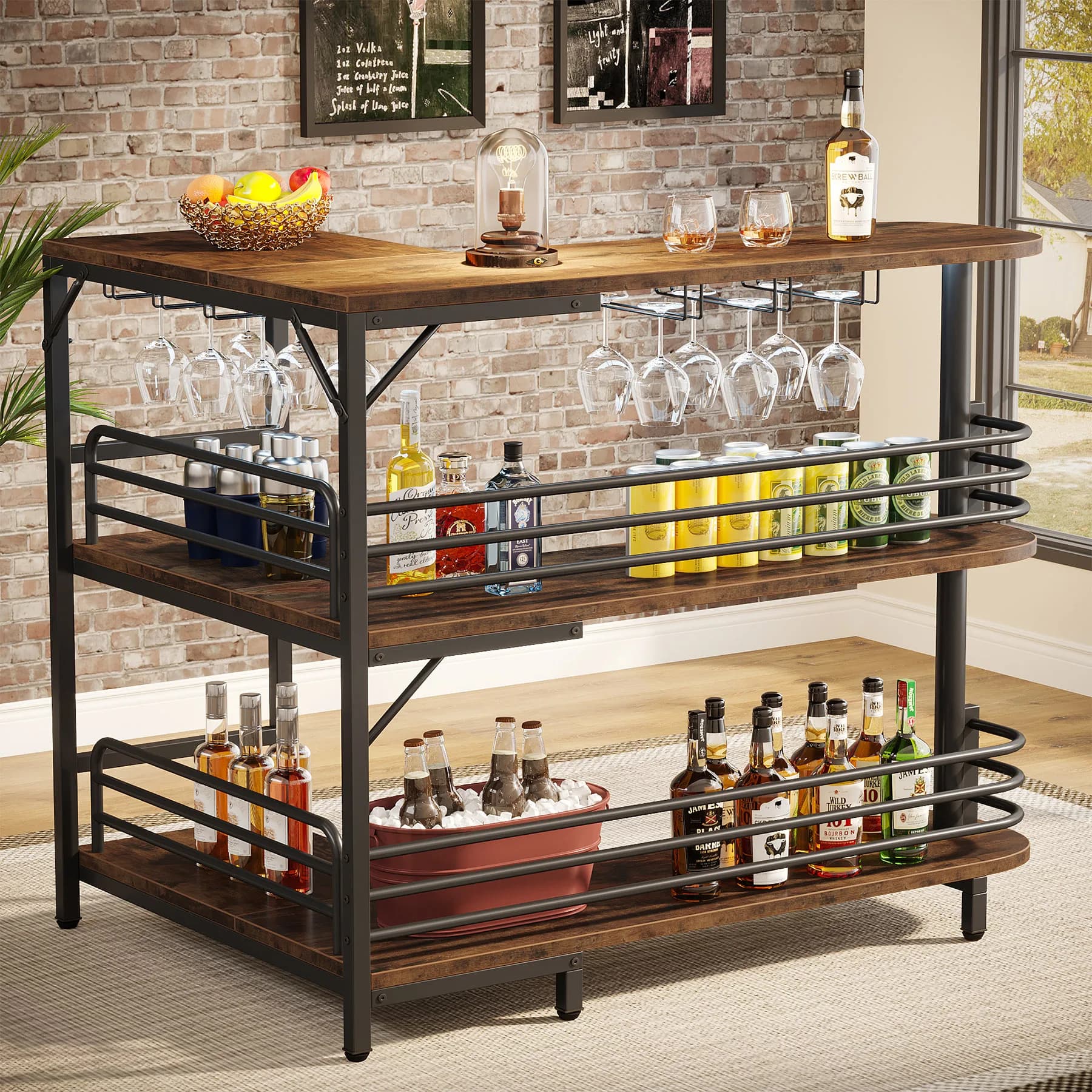 Tribesigns-Unité de bar à la maison en forme de L, table de bar française à 3 niveaux avec étagères