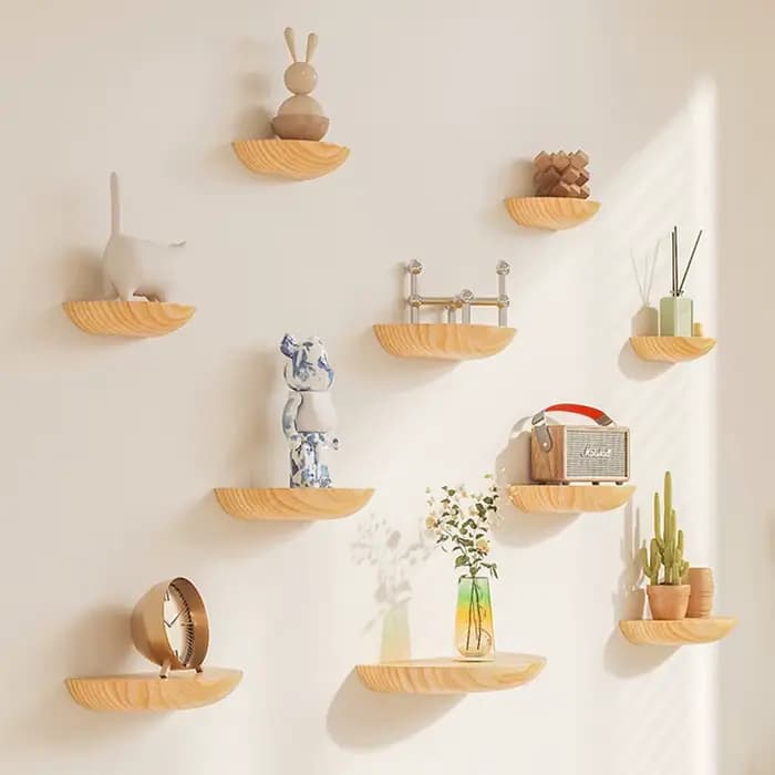 Étagères murales demi-cercle en bois massif, supports de rangement décoratifs flottants pour entrée