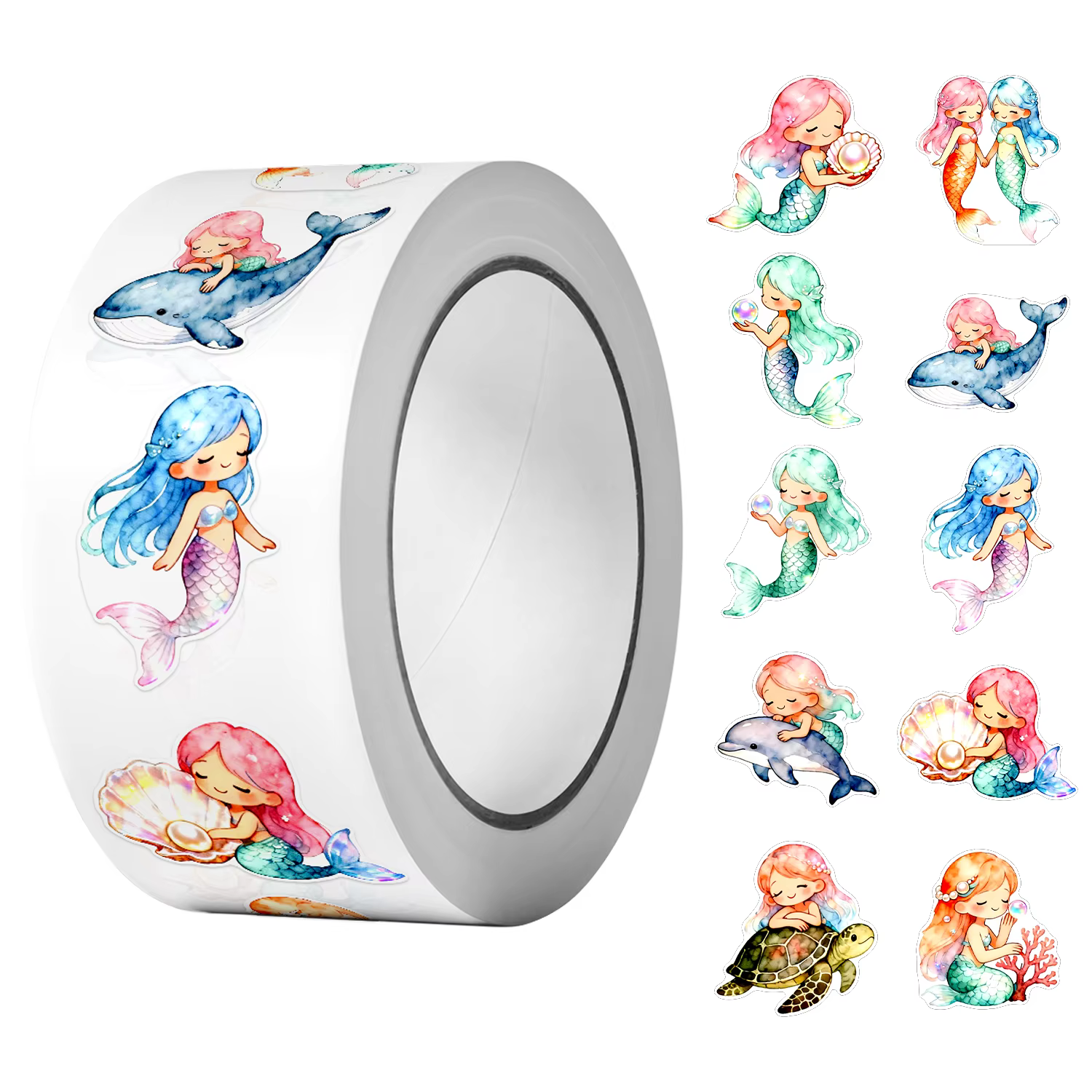1 rouleau (500 pièces) aquarelle irrégulière dessin animé jolies sirènes autocollant décalcomanies A