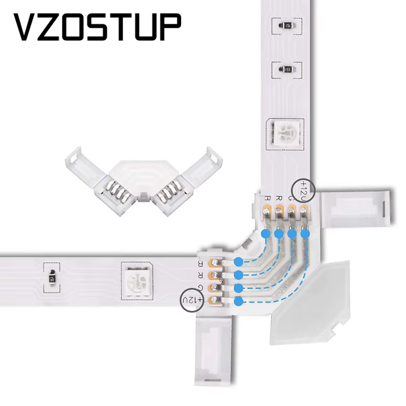 Connecteur d'angle LED RVB, 10mm, 4 broches, forme en L, bande lumineuse LED IP20, sans soudure, ang
