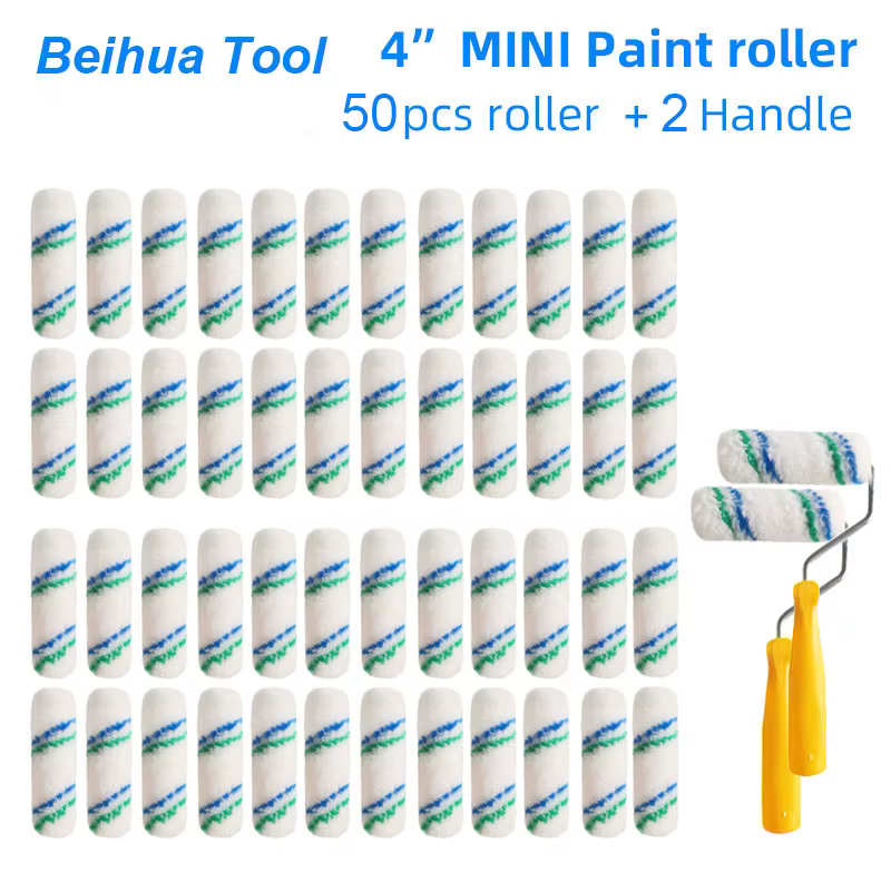 52 pièces/ensemble 4 pouces rouleau de peinture brosse 50 pièces et 2 poignées Mini rouleau pour pei