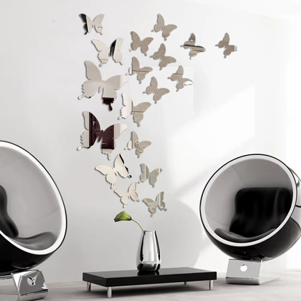 Autocollant mural miroir papillon 3D, 12 pièces/lot, décalcomanie, art parfait, décoration de mariag