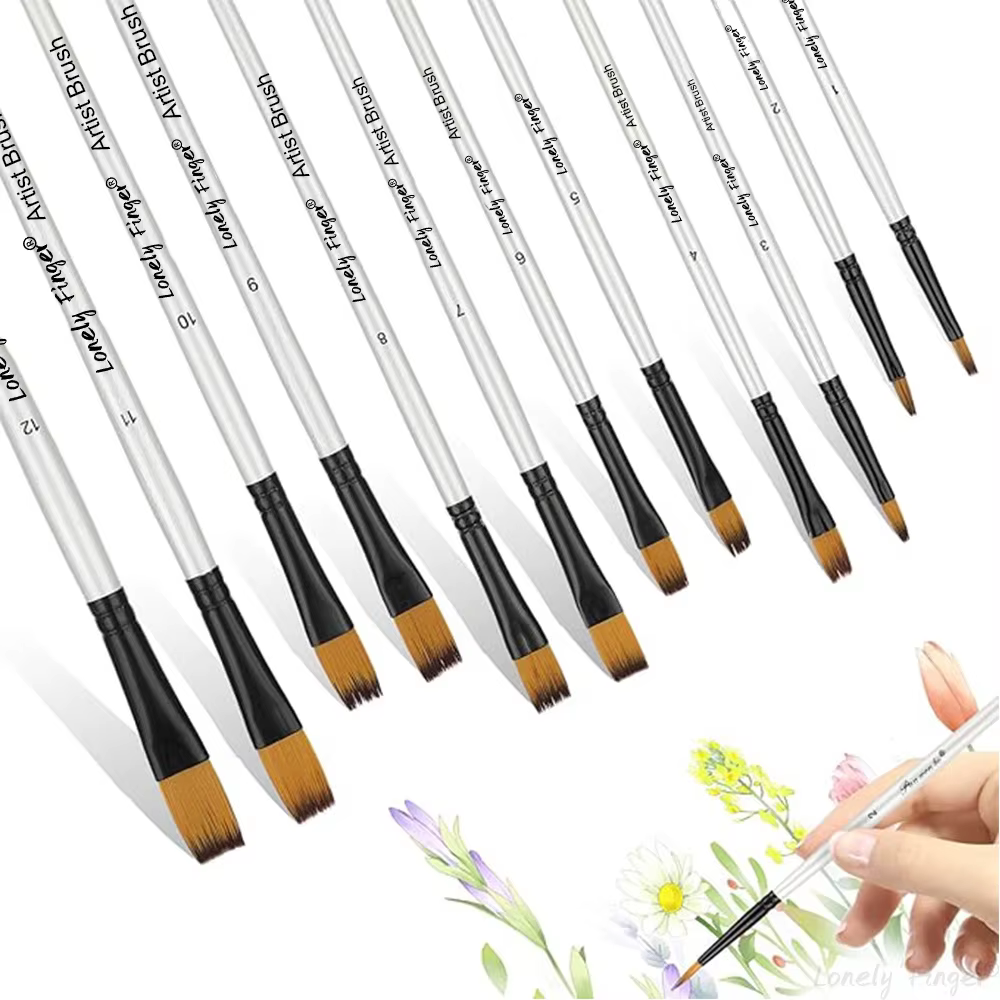 Filbert – lot de 12 pinceaux plats en nylon, pinceaux professionnels d'artiste pour peinture acryliq
