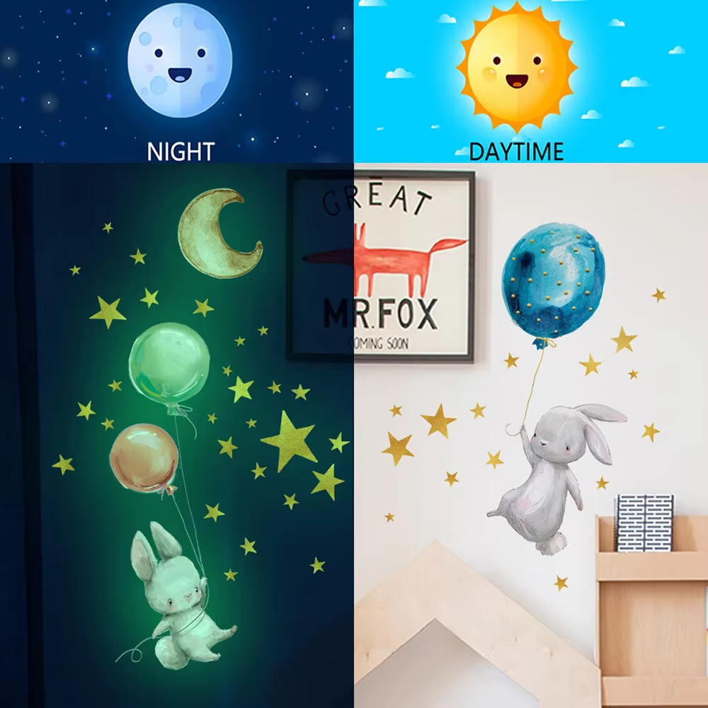 Autocollants muraux lumineux en ballon de lapin de dessin animé, papier peint qui brille dans la nui