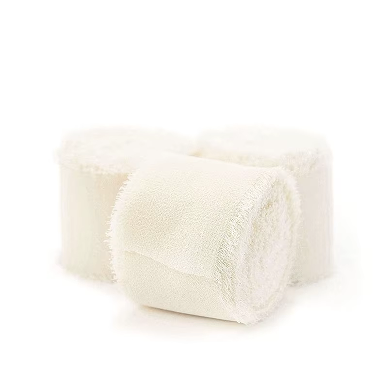 3 rouleaux de ruban en mousseline de soie fait à la main, blanc crème/noir, pour emballage de cadeau