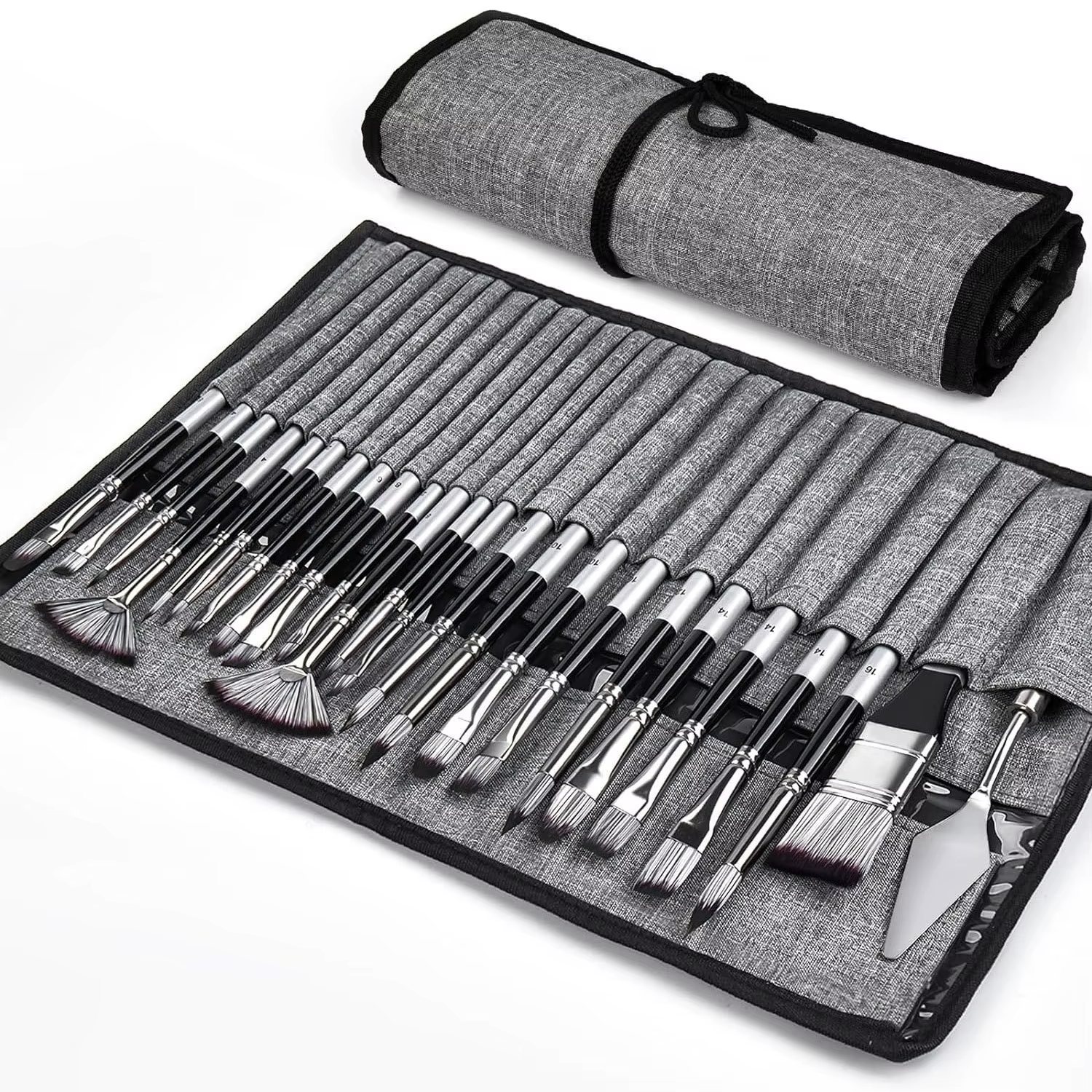 Ensemble de 24 pinceaux d'art mixtes avec couteau à palette et sac de transport pour peinture acryli