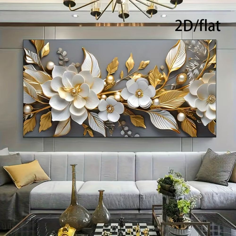 Impressions sur toile abstraites de fleurs blanches et dorées plates 2D, affiche florale moderne, gr