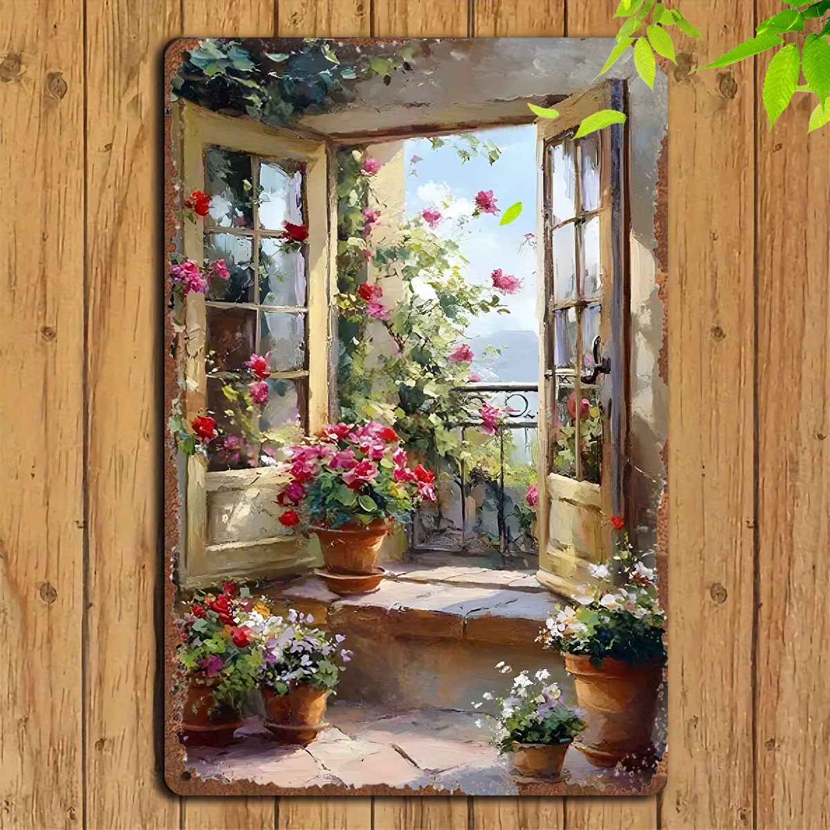 Peinture sur métal 2D - Panneau décoratif métallique vintage pour mur avec motif de jardin et balcon
