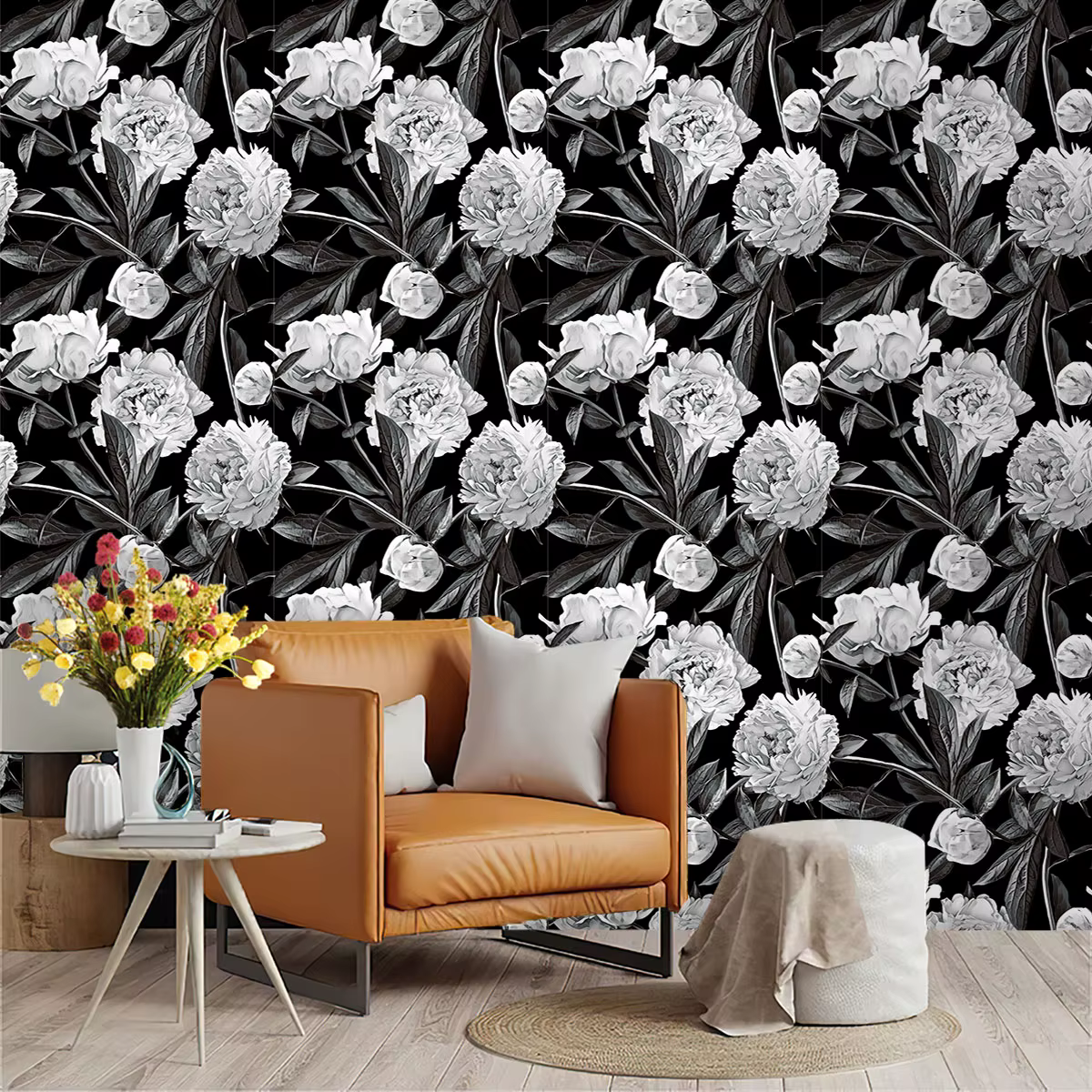 1 rouleau de papier peint cyclique à motifs floraux noir et blanc, papier peint à motifs épissés ave