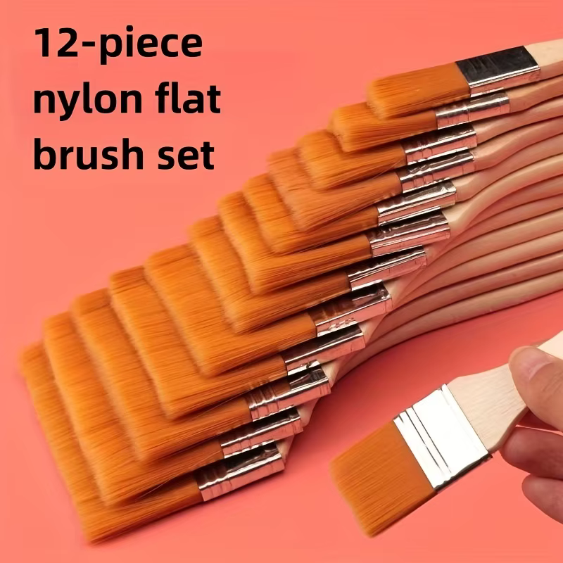 Lot de 12 pinceaux plats en nylon pour l'art, la peinture murale, pinceau de base, pinceau à manche