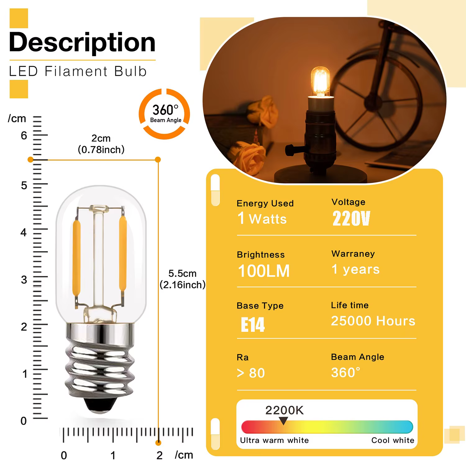 Veilleuses Led T20, ampoule à Filament tubulaire 1W, variable E12 E14, lampe de réfrigérateur Radio