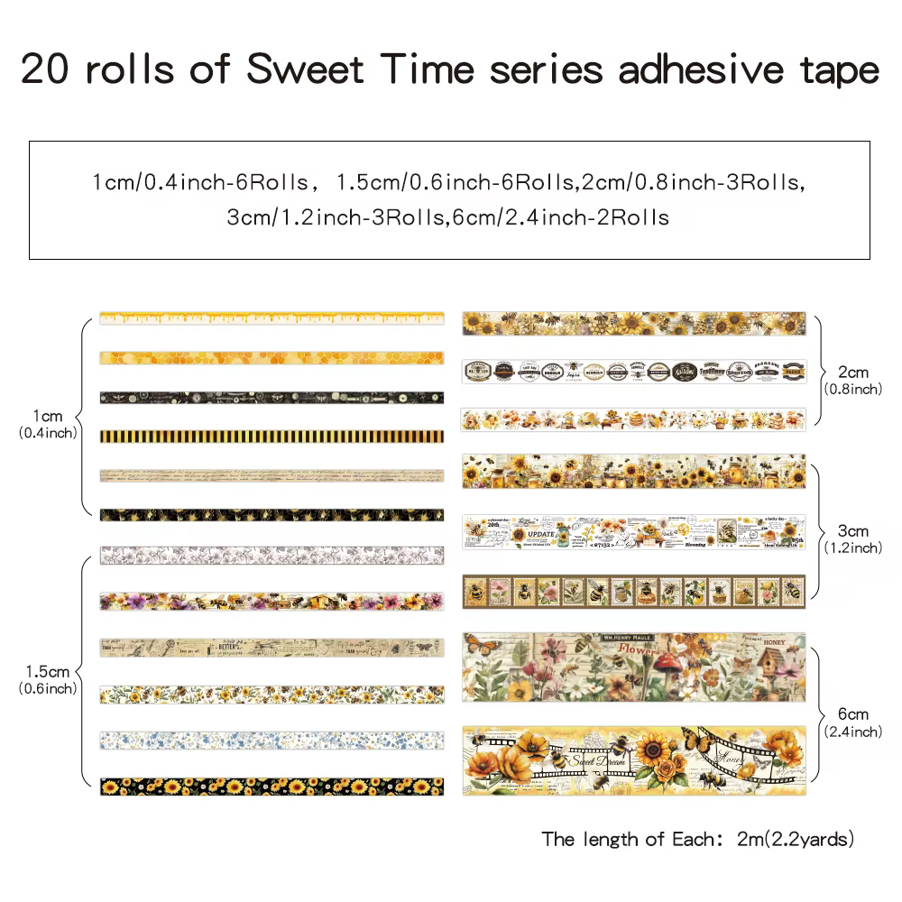 Ensemble de rubans Washi Vintage en forme de fleur d'abeille, 20 rouleaux, 5 largeurs, rubans de mas