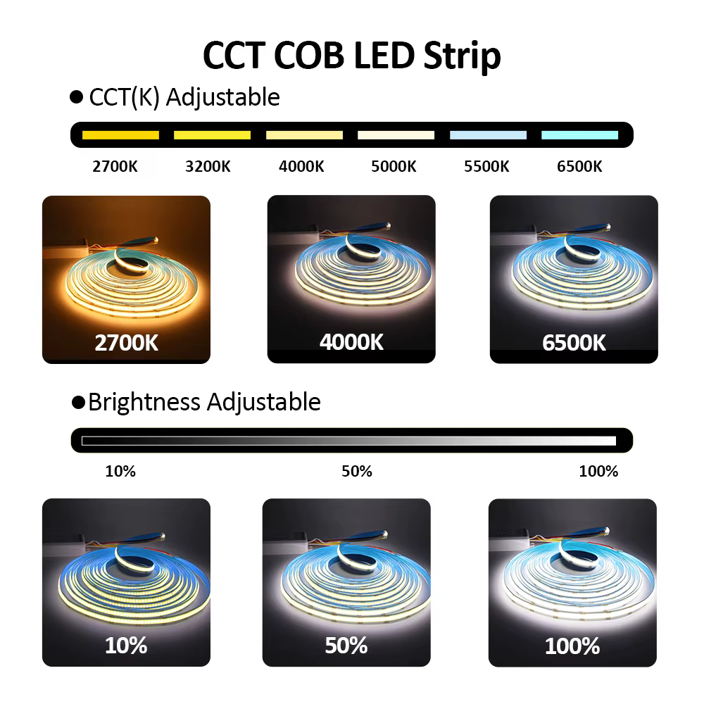 Bande LED COB CCT 5M 12V 24V DC 608LED s FCOB lumière LED variable double couleur blanche 10MM PCB b