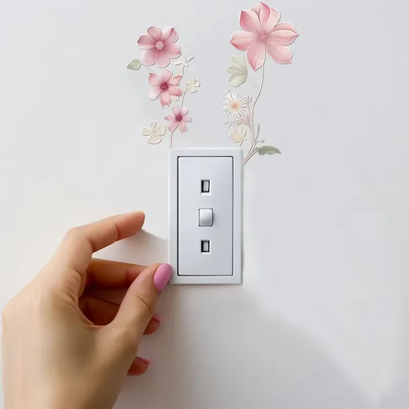 Autocollant mural interrupteur de belles fleurs, autocollant imperméable amovible en PVC pour chambr