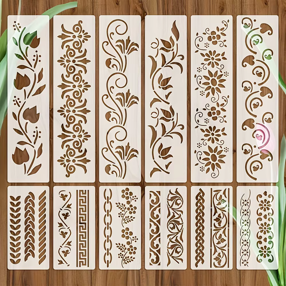 Ensemble de pochoirs DIY, 12 pièces/ensemble, fleurs, herbe, arbres et plantes, pour bois, mur, toil