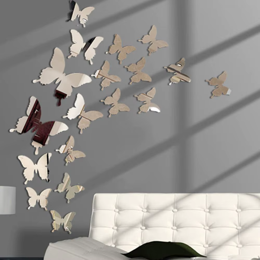 Autocollant mural miroir papillon 3D, 12 pièces/lot, décalcomanie, art parfait, décoration de mariag