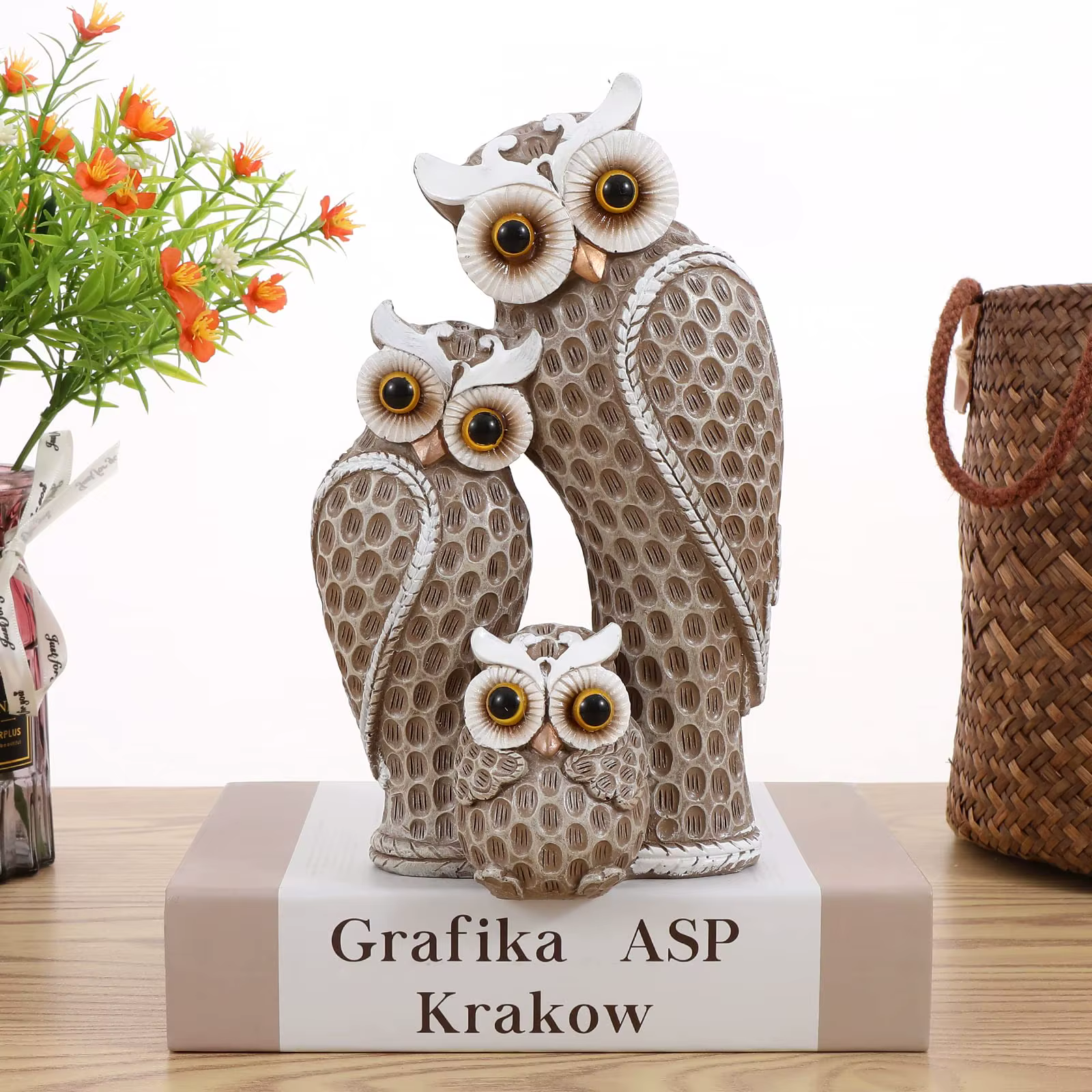 Famille de trois statues de hibou mignonnes, décoration de maison, statues de hibou sur étagères, dé