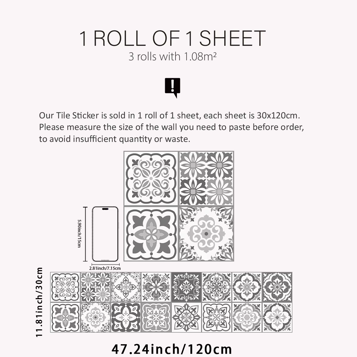 1 rouleau gris et blanc Portugal et Espagne Maroc motifs décoratifs épaissi résistant à l'humidité r