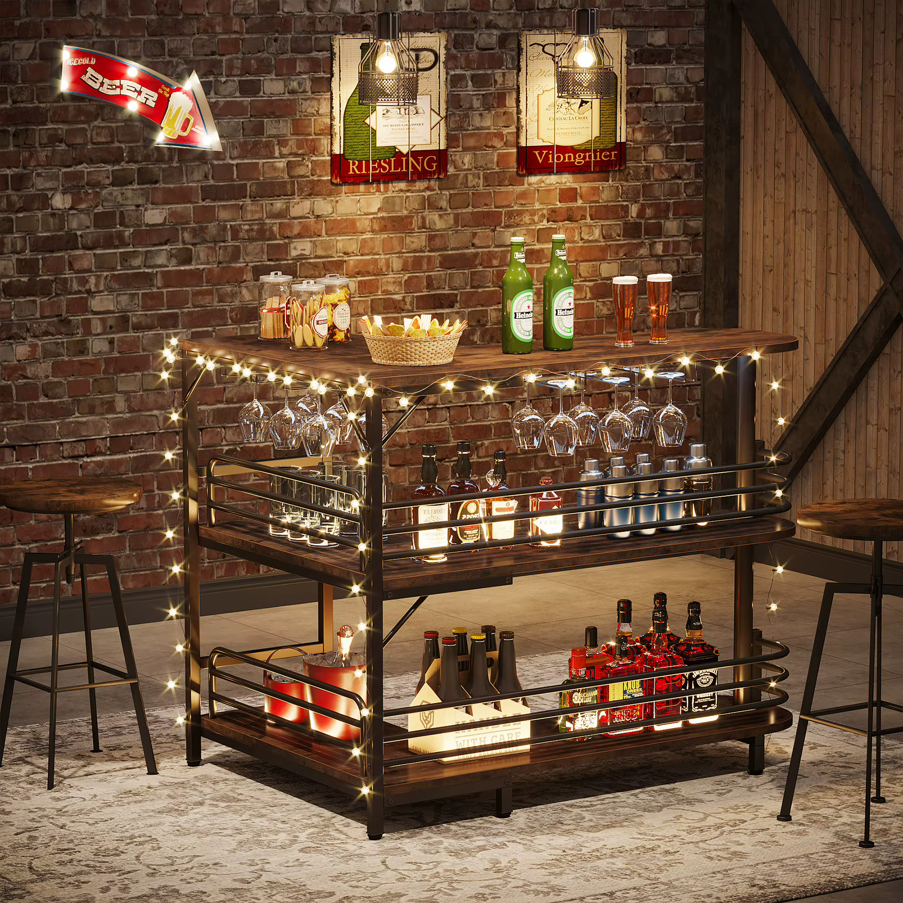 Tribesigns-Unité de bar à la maison en forme de L, table de bar française à 3 niveaux avec étagères