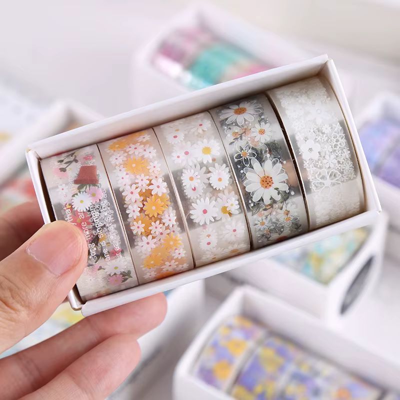 5 rouleaux de ruban adhésif transparent à fleurs colorées, ruban décoratif en PET pour bricolage, au