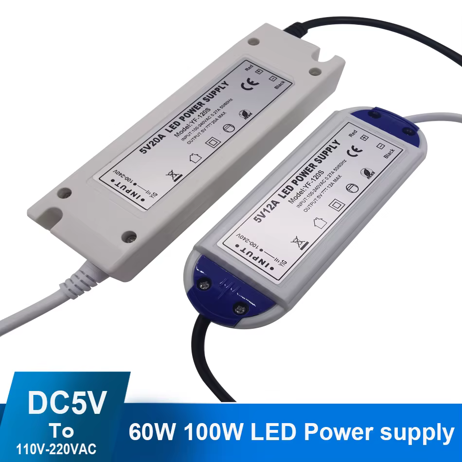 Alimentation LED 5 volts, adaptateur d'alimentation 5V 12A 20A 60W 100W 110V 220V AC à DC5V, aliment