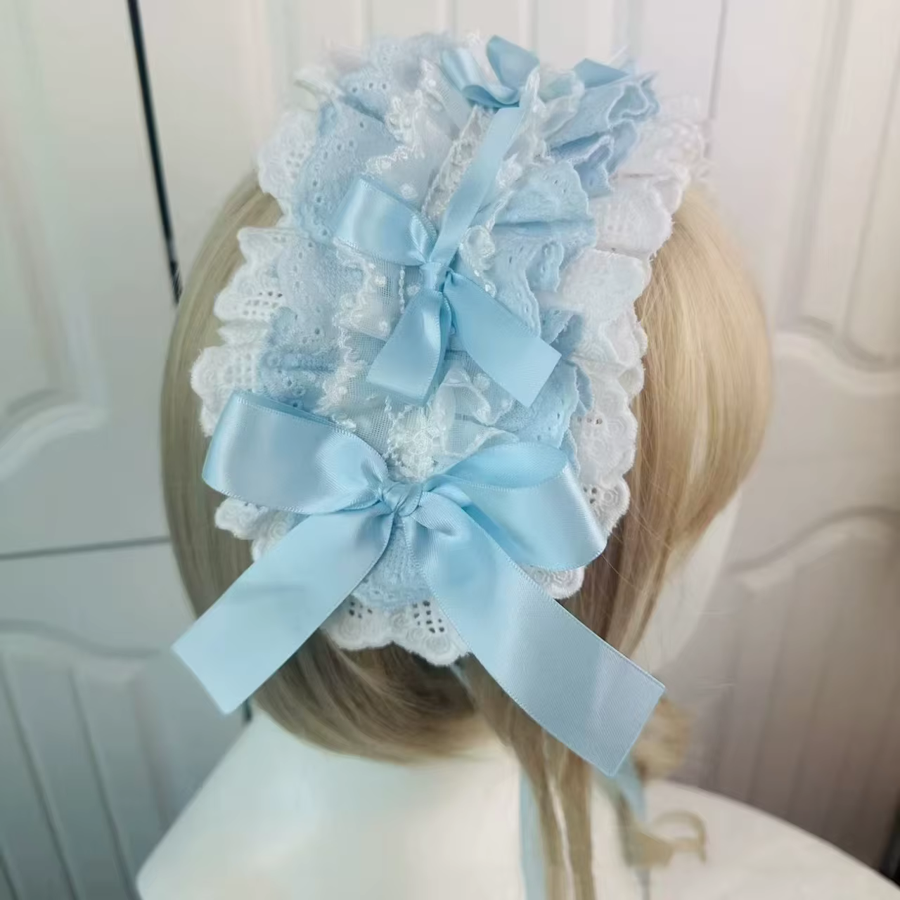 Bandeau à nœud en ruban avec épingles à cheveux pour filles, bandeau à volants en dentelle Lolita, b