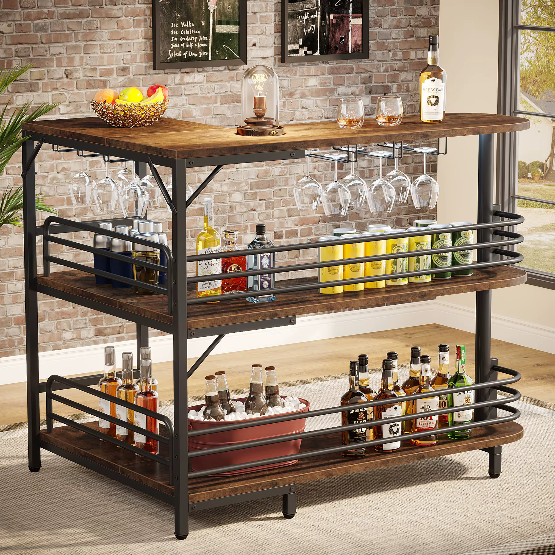 Tribesigns-Unité de bar à la maison en forme de L, table de bar française à 3 niveaux avec étagères