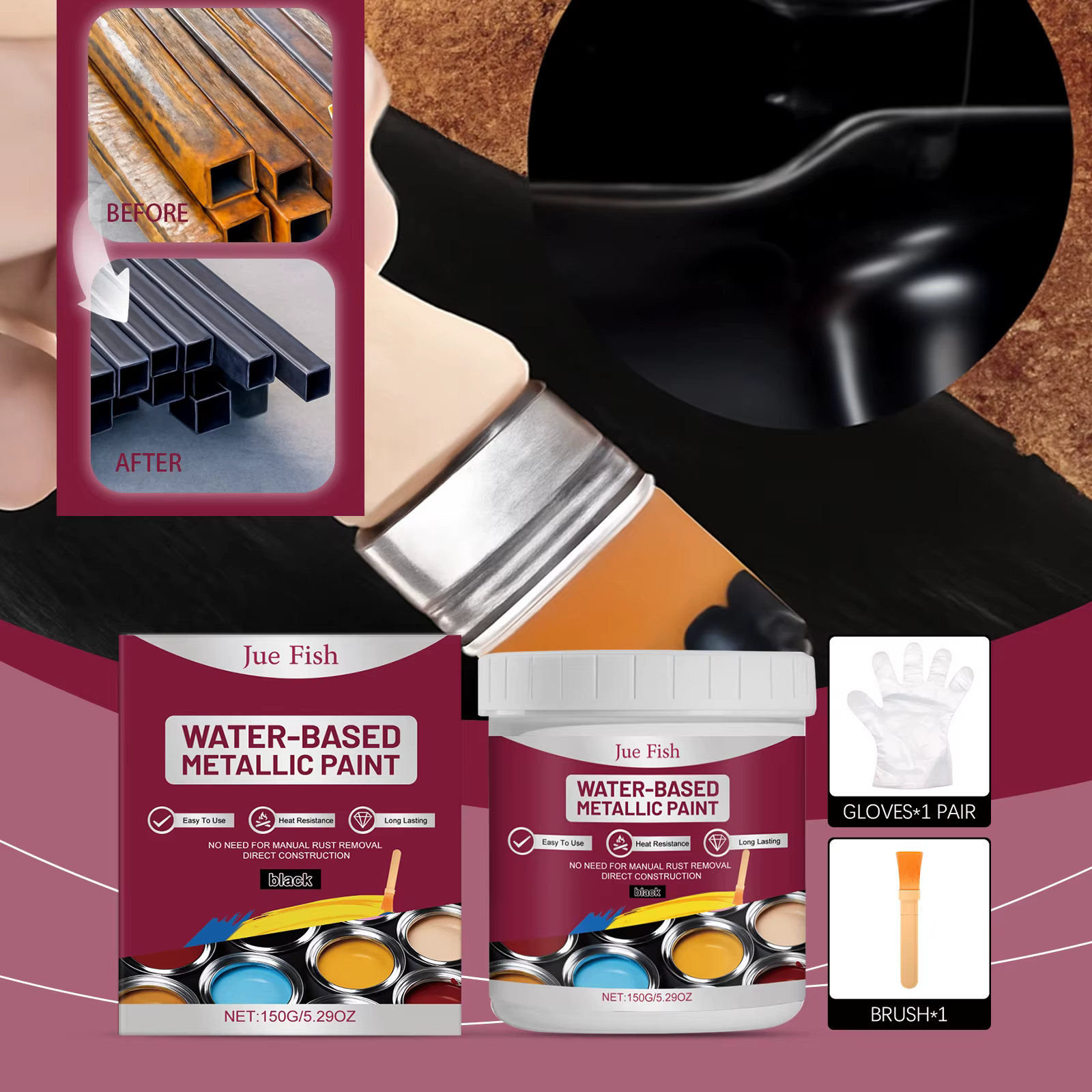 Kit antirouille de peinture métallique à base d'eau noire, Protection contre la Corrosion pour pièce