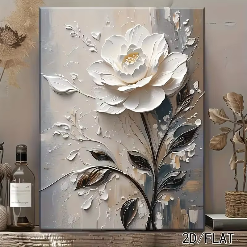 Toile murale encadrée florale moderne 2D, 1 pièce – Peinture élégante de fleurs blanches et de fond