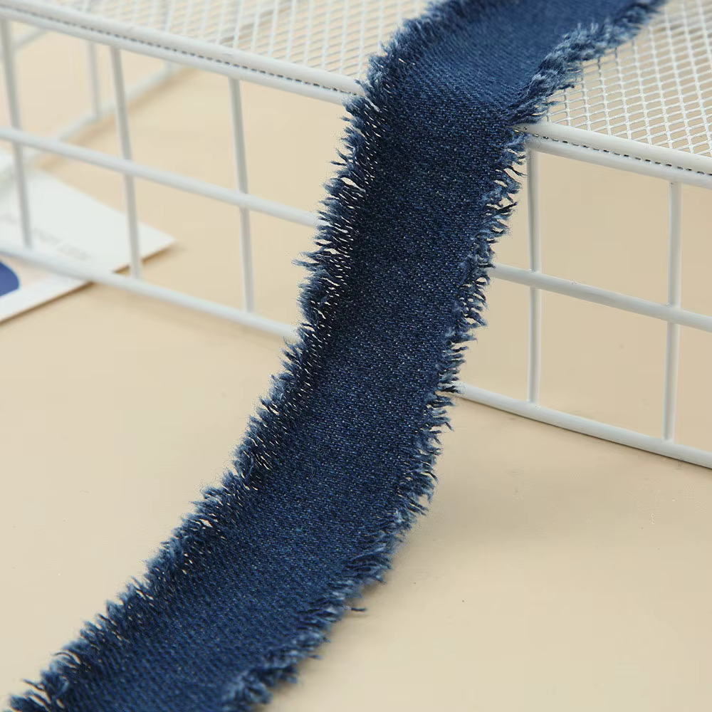 Ruban en Polyester bleu Denim avec bobine, tissu effiloché à franges fait à la main pour Invitations
