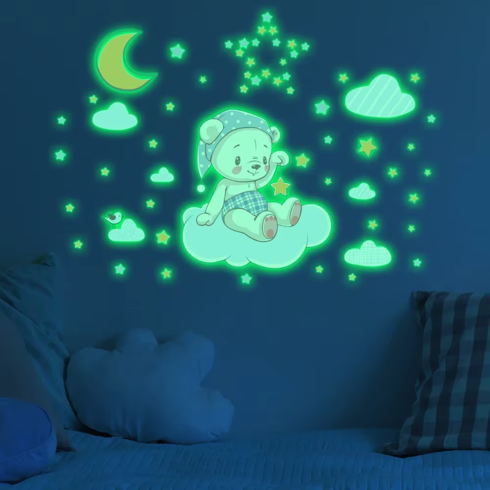Autocollants muraux lumineux en ballon de lapin de dessin animé, papier peint qui brille dans la nui