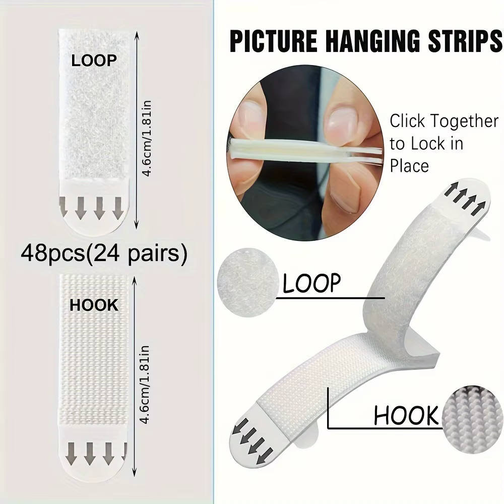 48 paires de bandes adhésives robustes pour suspendre des images, bandes de montage à crochets et bo