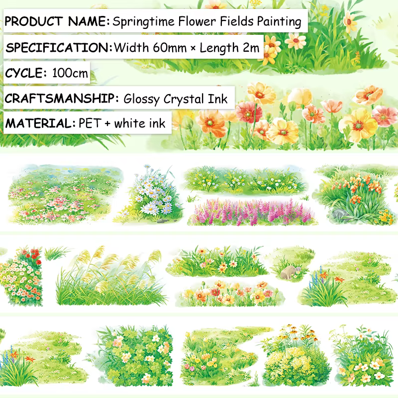 Rouleau de ruban Washi en PET, fleur de printemps, herbe verte, autocollant Transparent, ruban décor