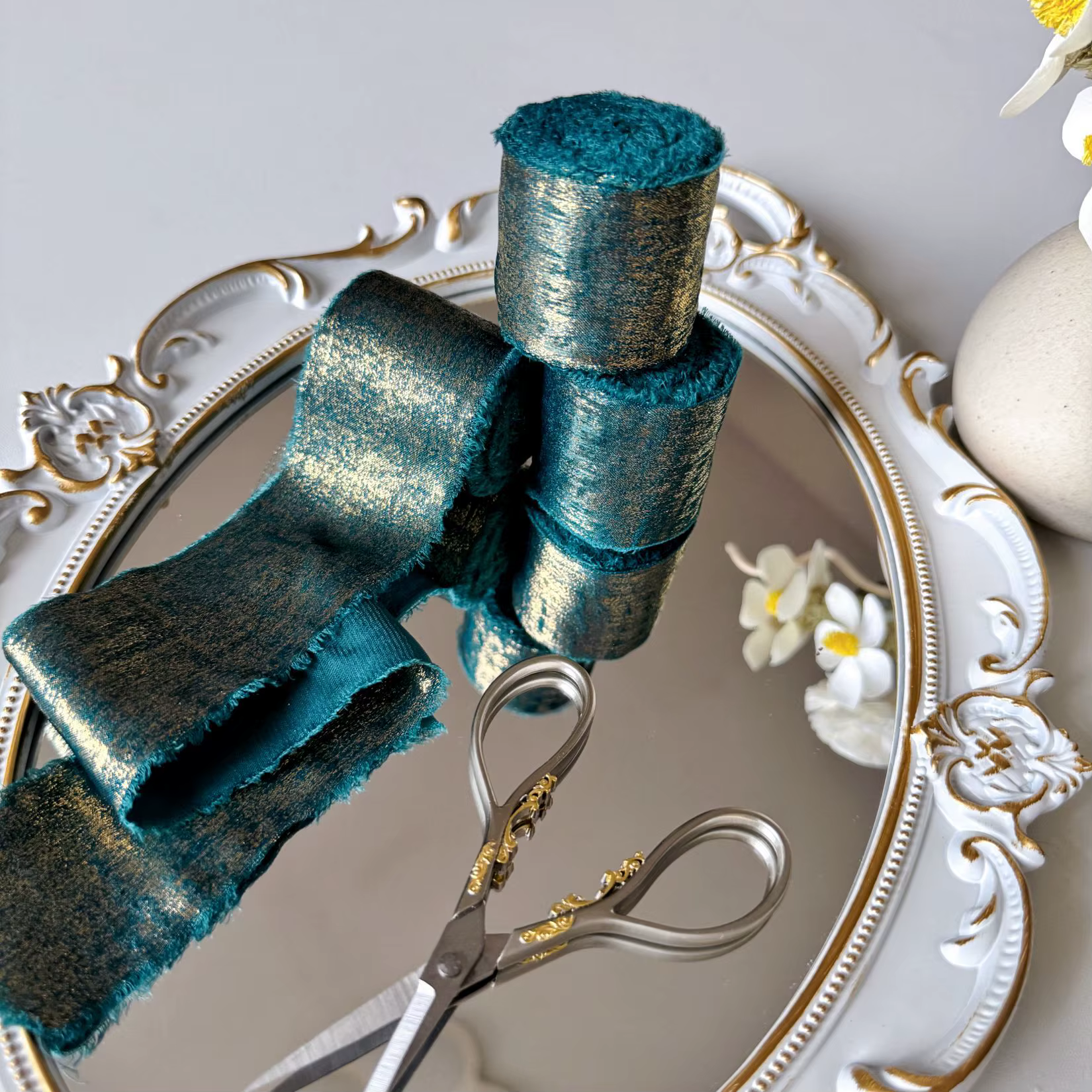 Ruban artisanal filaire en mousseline de soie et dentelle irisée, décoration de mariage et de noël, 