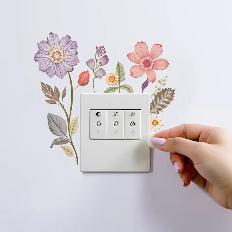 Autocollant mural interrupteur de belles fleurs, autocollant imperméable amovible en PVC pour chambr