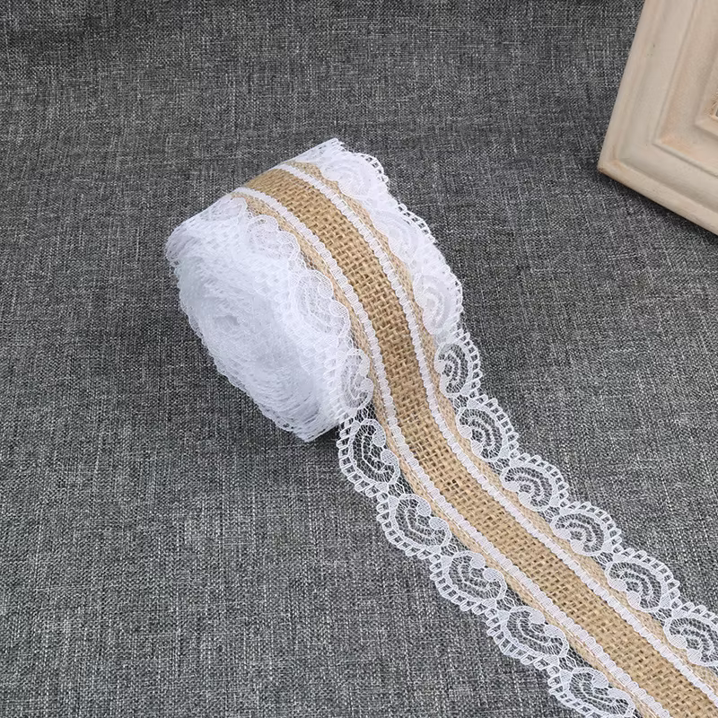 Ruban en toile de jute de 25 mm, 2 mètres/lot, avec bordure en dentelle blanche, décoration de maria