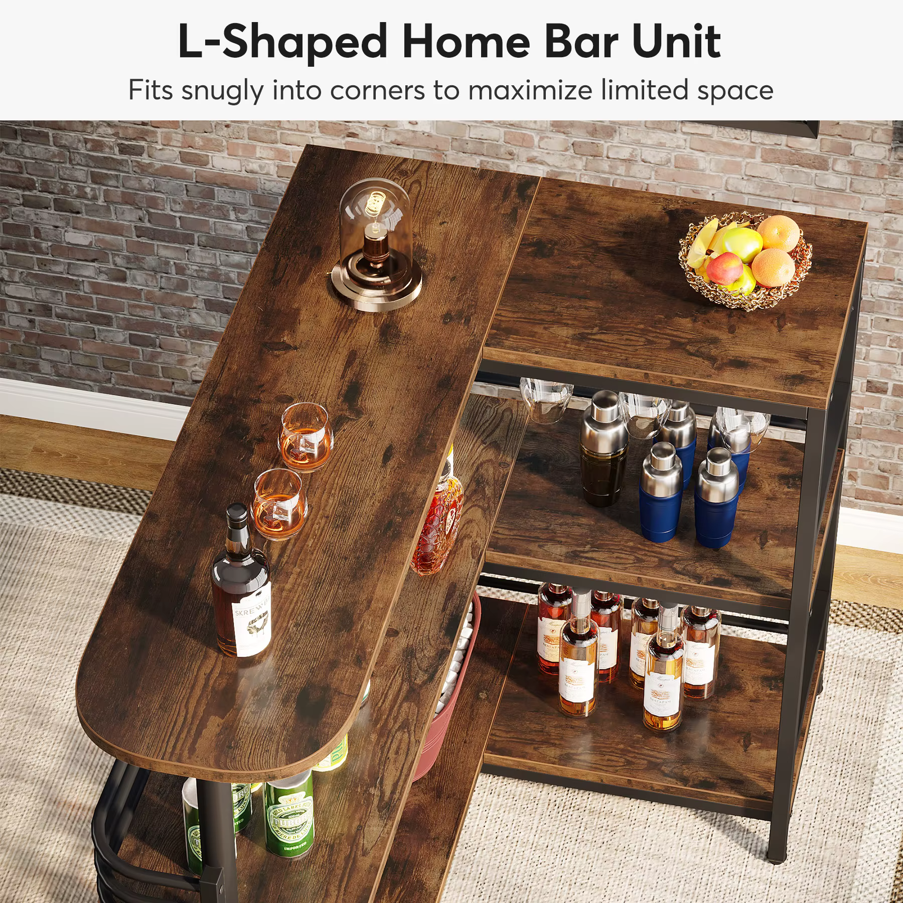 Tribesigns-Unité de bar à la maison en forme de L, table de bar française à 3 niveaux avec étagères