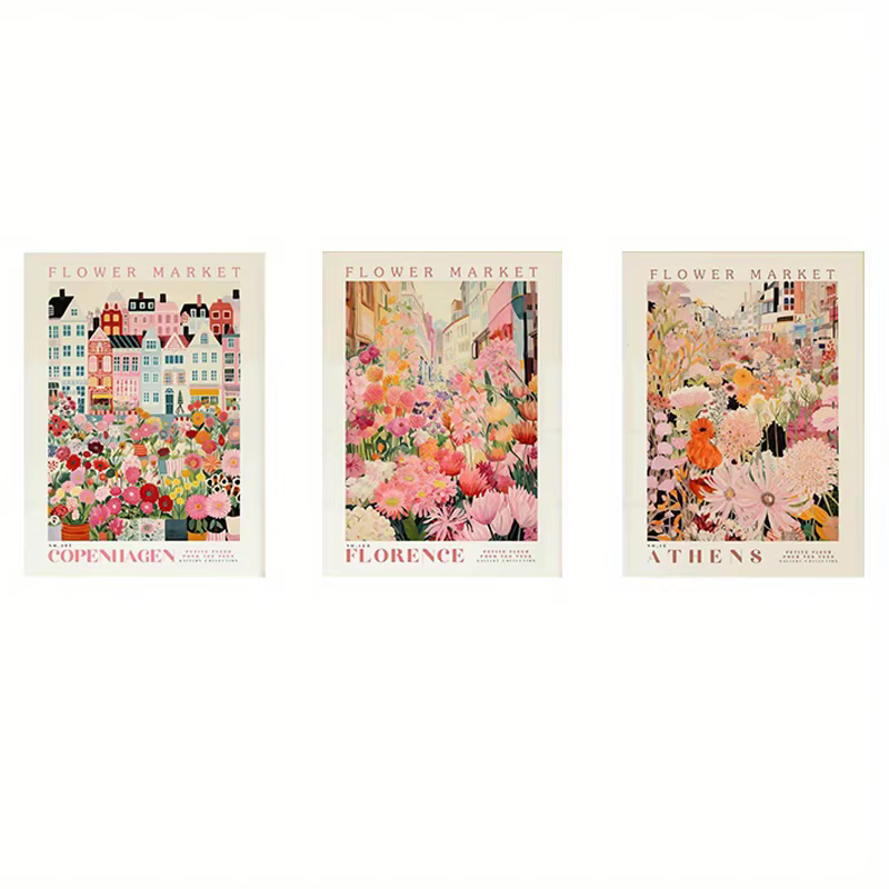 Lot de 3 affiches d'art sur toile modernes sur le thème du marché des fleurs, affiches murales botan