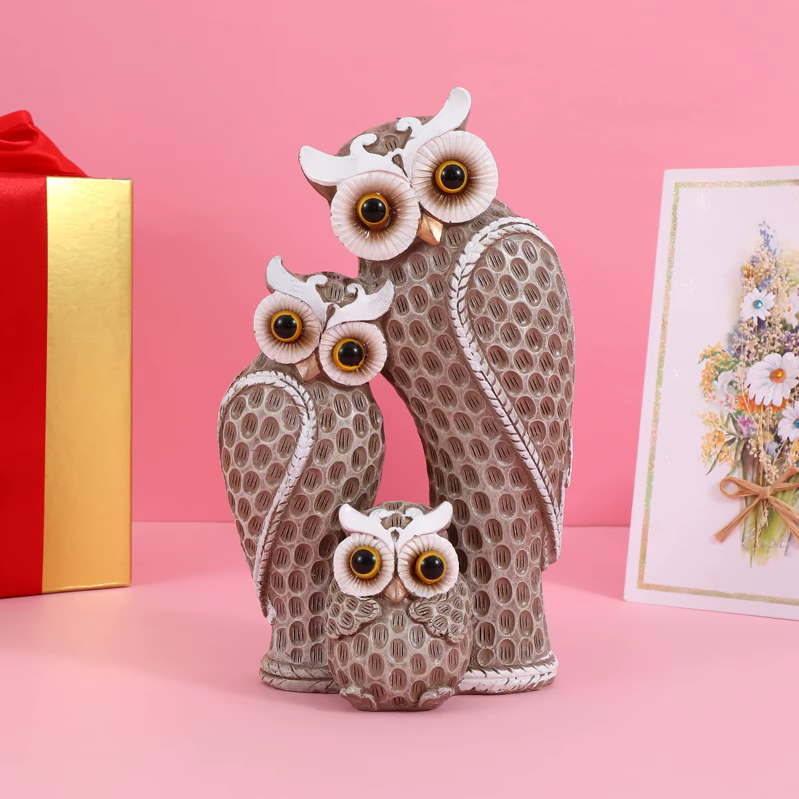 Famille de trois statues de hibou mignonnes, décoration de maison, statues de hibou sur étagères, dé