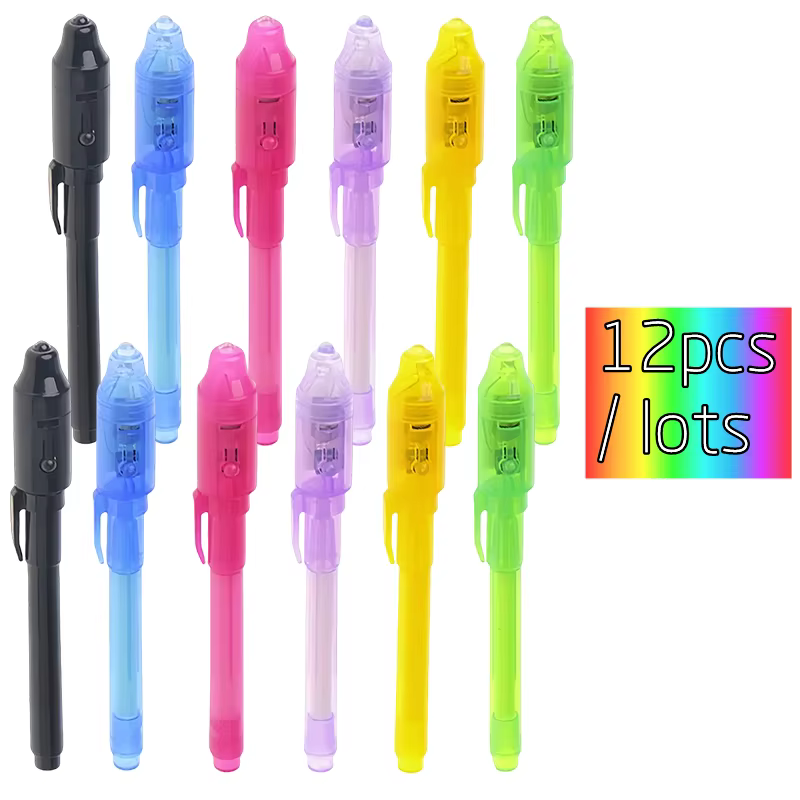 Stylo lumineux magique violet 2 en 1, 12 pièces, lumière noire UV, Combo de dessin, stylo à encre In