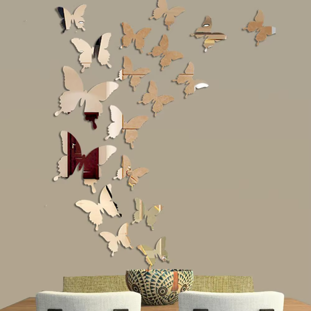 Autocollant mural miroir papillon 3D, 12 pièces/lot, décalcomanie, art parfait, décoration de mariag