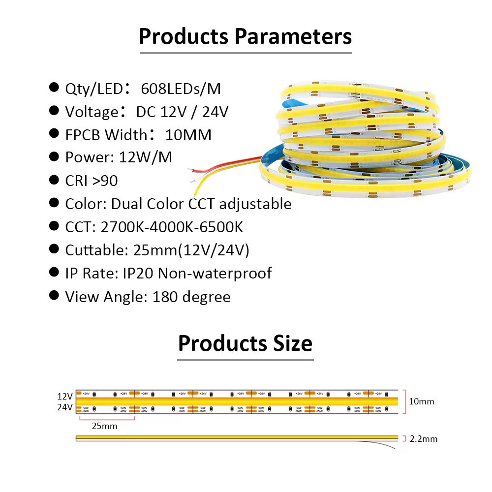 Bande LED COB CCT 5M 12V 24V DC 608LED s FCOB lumière LED variable double couleur blanche 10MM PCB b