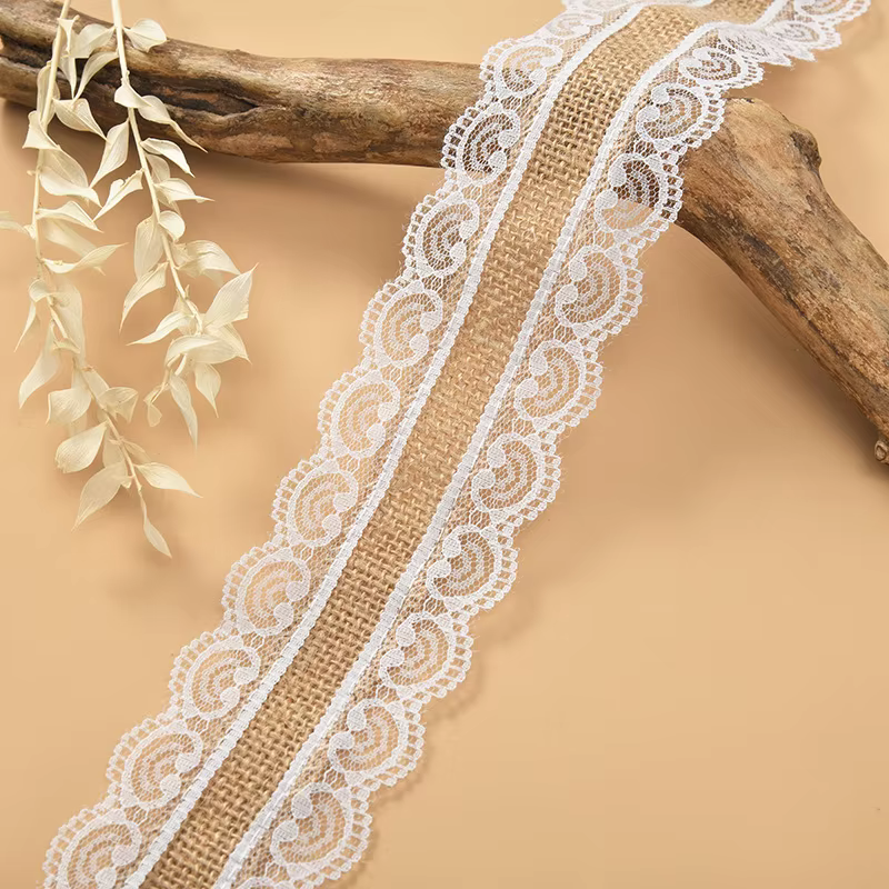 Ruban en toile de Jute naturelle de 2/5 mètres, avec dentelle blanche, ruban de garniture rustique V