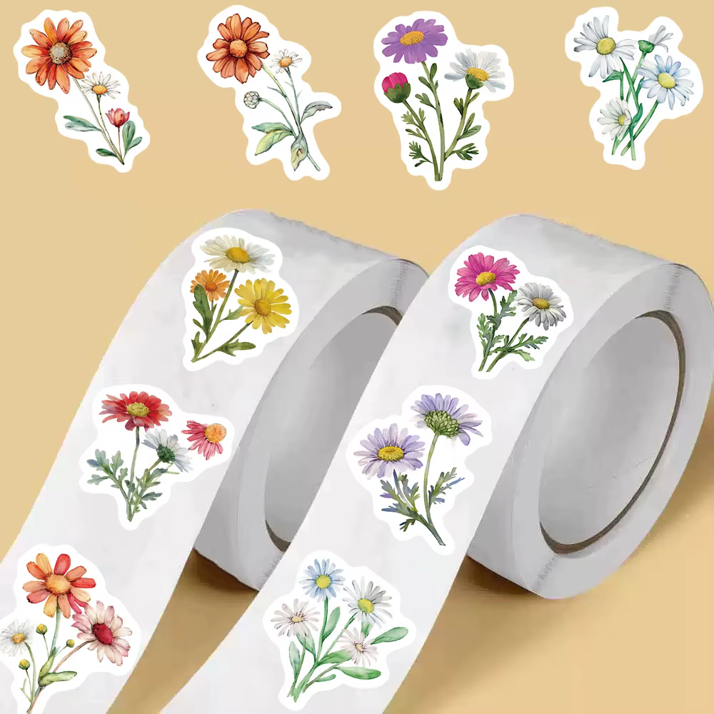 Rouleau d'autocollants marguerite et fleurs sauvages, 500 pièces, fleurs peintes de dessin animé col