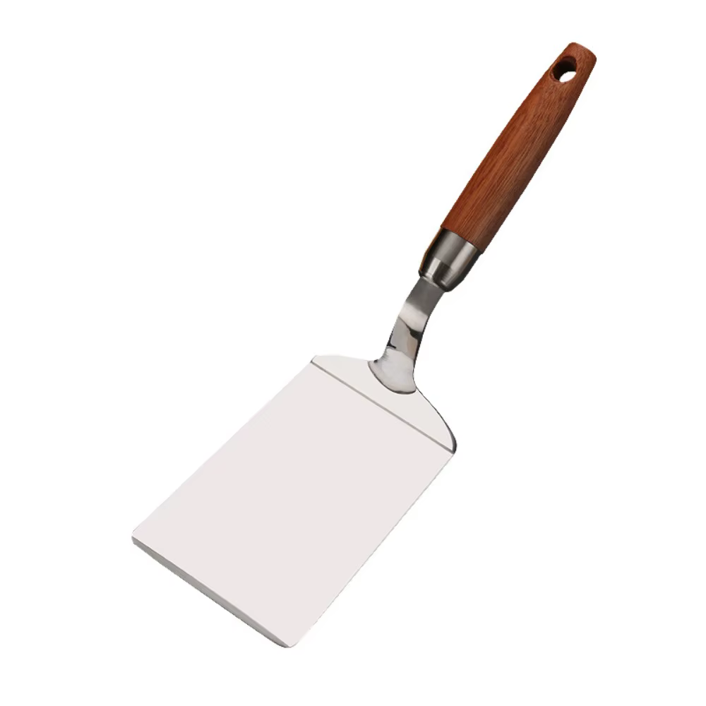 Spatule en acier inoxydable avec manche en bois, plaque chauffante pour le tourner des œufs, barbecu