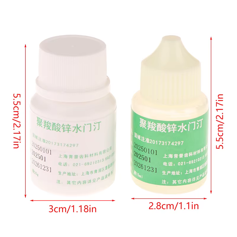 Liquide de ciment de Polycarboxylate de Zinc de 15ml + 30g de poudre de ciment de Polycarboxylate de
